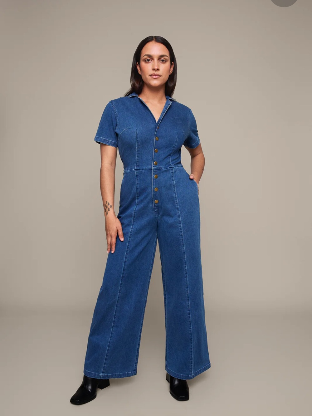 Mixed By Nasrin Denim Button-Front Wide Leg Jumpsuit - Blue